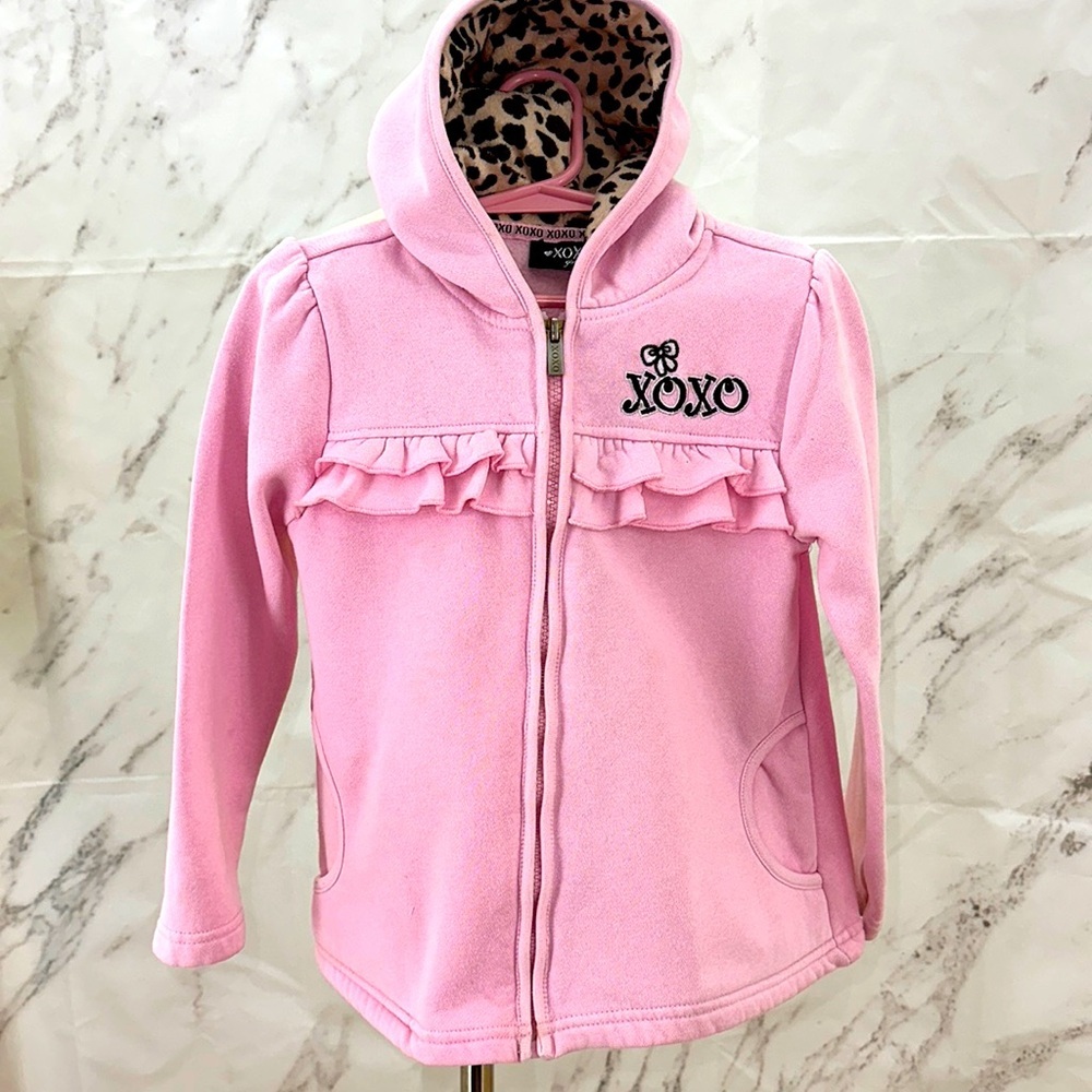 Xoxo girls pink‎ fleece zip embroidered hoodie with cheetah print fur hood 6